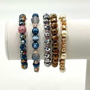 Set of 5 Multi Colored Iridescent & Glass Beaded Stretch Bracelets
